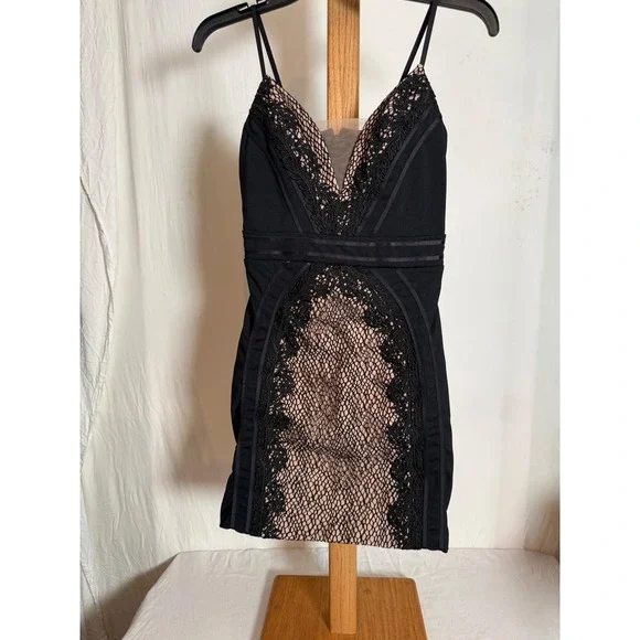 DON'T QUEST Black Nude Lace Mesh Bodycon Mini Adjustable Straps Cocktail Dress - Picture 1 of 6